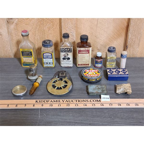 JOB LOT - MISC VINTAGE MEDICAL BOTTLES, BRASS HORSE MEDALLION ETC.