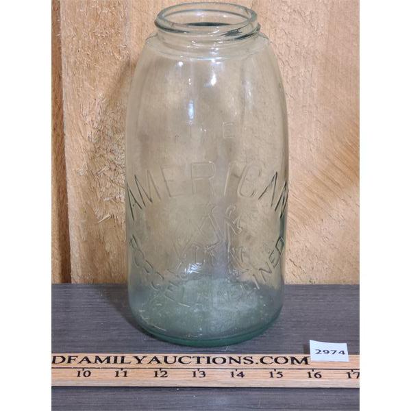 THE AMERICAN PORCELAIN LINED GLASS FRUIT JAR - 9in TALL