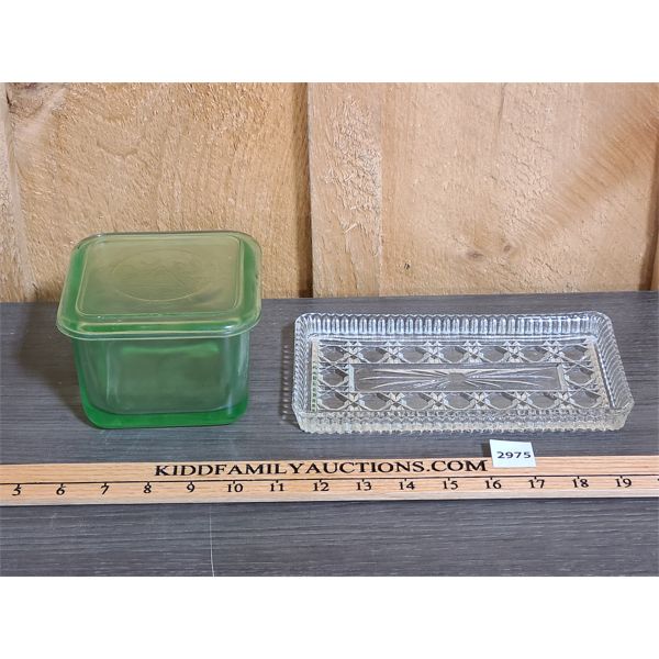 LOT OF 2 - GREEN DEPRESSION GLASS LIDDED DISH AND CUT GLASS DISH