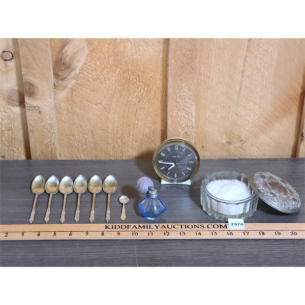 JOB LOT - BLUE GLASS PERFUME BOTTLE, EP SPOONS, BABY BEN ALARM CLOCK ETC. 