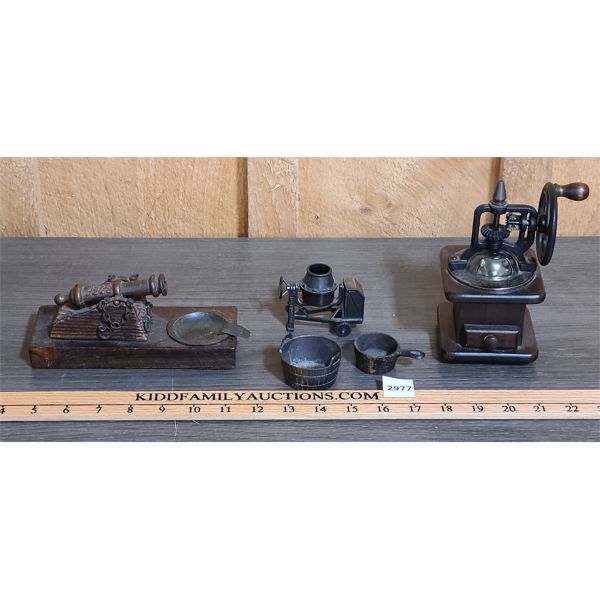 JOB LOT - DECORATIVE WOOD AND METAL PIECES - INCL CANNON, COFFEE GRINDER