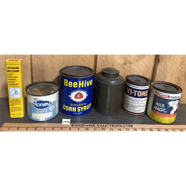 LOT OF 6 - MISC VINTAGE TINS - INCL HONEY, MILK MAGIC ETC.