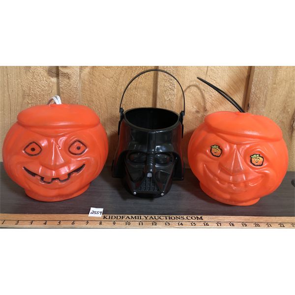 LOT OF 3 - HALLOWEEN TRICK OR TREAT BUCKETS - INCL BLOW MOLD PUMPKINS AND DARTH VADER
