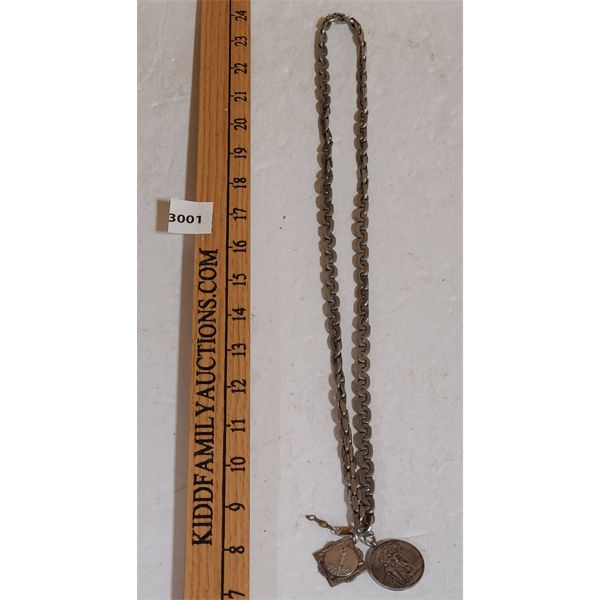 HEAVY LINK 30 INCH CHAIN W/ ANTIQUE MEDALS