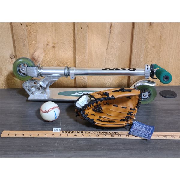 LOT OF 2 - RAZOR FOLDING SCOOTER AND MACGREGOR BASEBALL GLOVE W/ BASEBALL