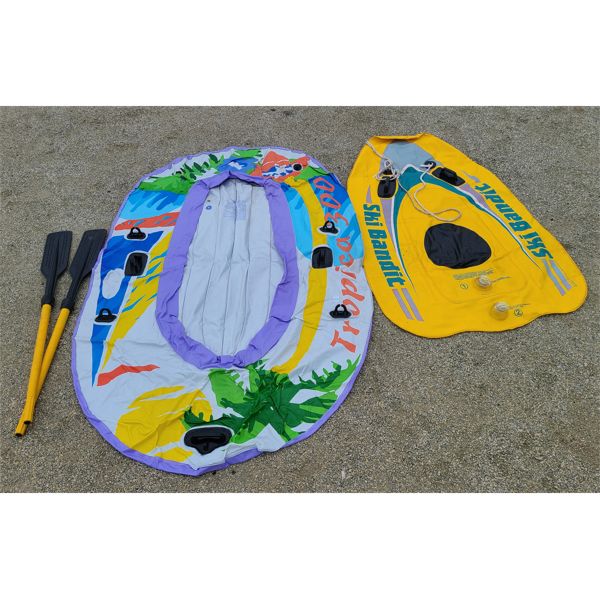 LOT OF 2 - INFLATABLE BOAT W/ OARS AND INFLATABLE TOW BEHIND STORAGE ...