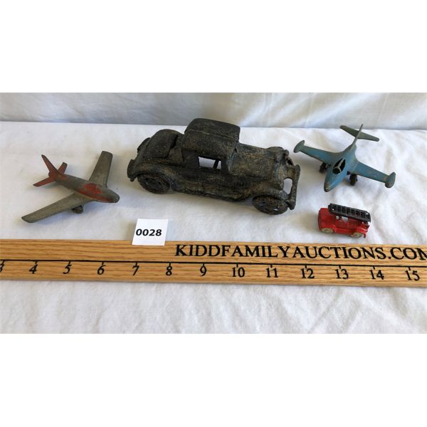LOT OF 4 - MISC TOYS - INCL CAST IRON CAR AND TOOTSIE TOY AIRPLANES