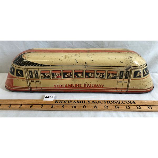 ANTIQUE PULL TOY - TIN STEAMLINE RAILWAY CAR W/ WOODEN WHEELS