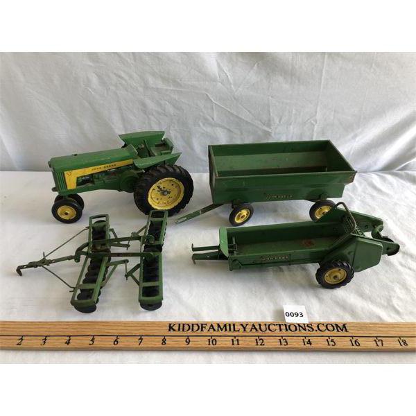 JOHN DEERE TOY FARM IMPLEMENTS - TRACTOR, DISC, WAGON, MANURE SPREADER.