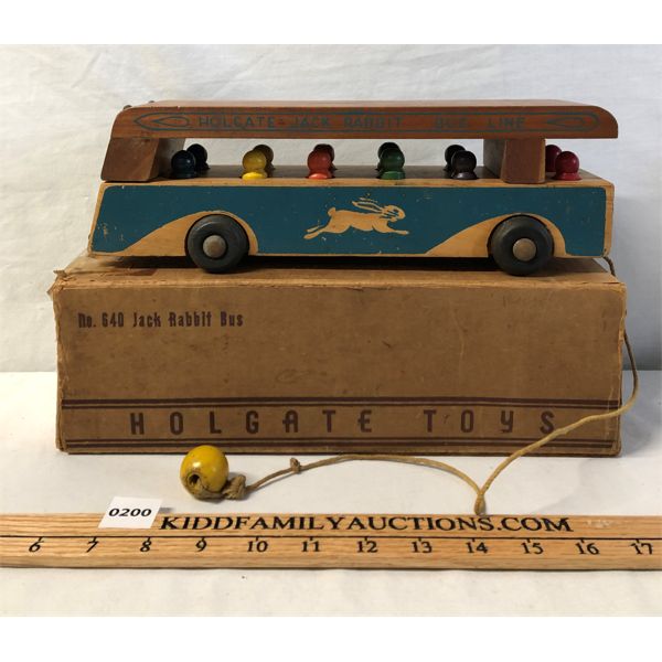 VINTAGE WOODEN HOLGATE JACK RABBIT BUS PULL TOY W/ BOX