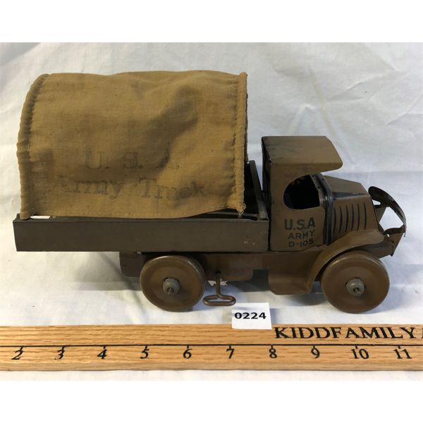 EARLY MARX USA TIN WIND-UP ARMY TRUCK W/ ORIGINAL CANVAS