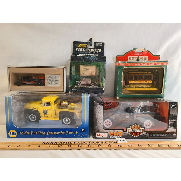 LOT OF 5 - 1:24 SCALE AND 1:64 SCALE DIECAST VEHICLES - INCL NAPA FORD F-100 AND HARLEY DAVIDSON