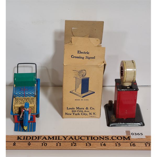 LOT OF 2 - MARX ELECTRIC CROSSING SIGNAL IN ORIGNAL BOX AND FRICTION LUGGAGE CART TIN TOY