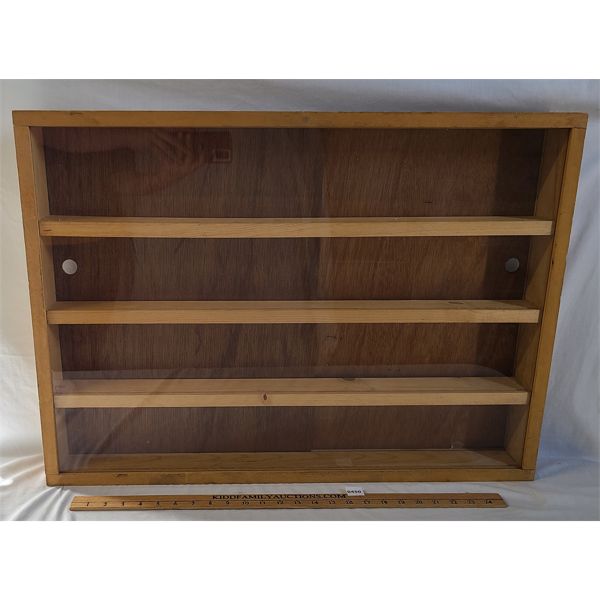 3-TIERED WOODEN DISPLAY CASE W/ GLASS FRONT - 3.5 x 22 x 30 in