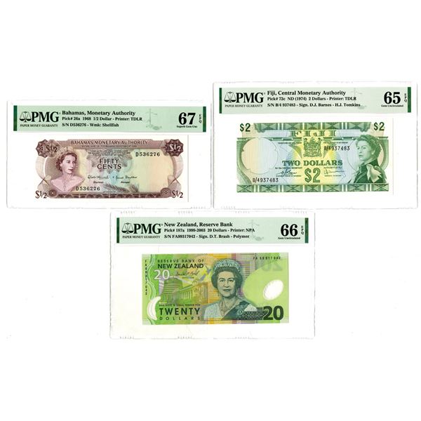 Bahamas, Fiji, and New Zealand, 1968-2003 Issued Banknote Trio