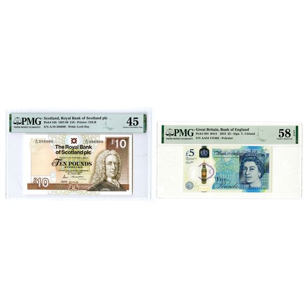 Royal Bank of Scotland, 1987-1990 & Bank of England, 2015, Issued Banknote Pair.
