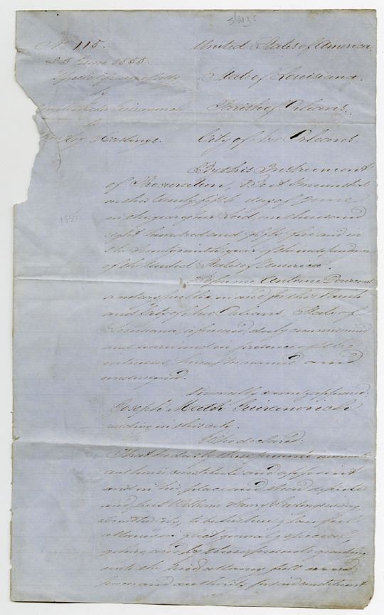 New Orleans, Louisiana 1855 Legal Document Mentioning the Recovery of
