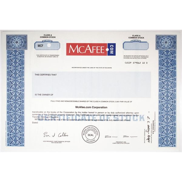 McAfee com Corp ca 1990 2000s Specimen Stock Certificate McAfee com Corp ca 1990 2000s Specimen Stock Certificate
