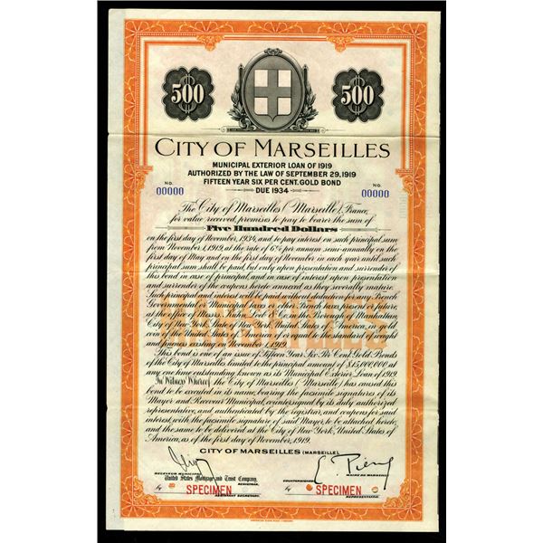 City of Marseilles 1919 Specimen Bond
