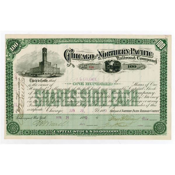 Chicago & Northern Pacific Railroad Co. 1890. I/U Stock Certificate.