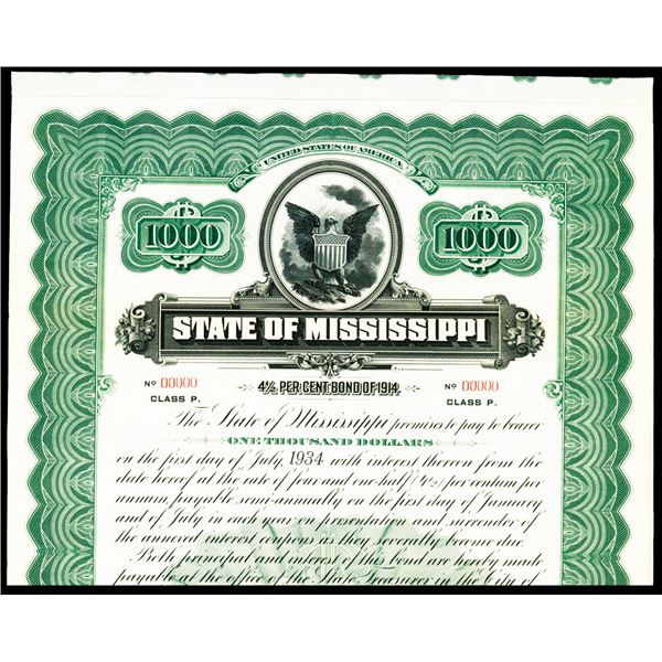 State of Mississippi, 1914 Specimen Bond.