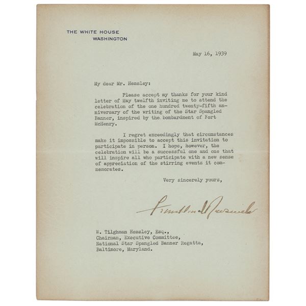 Franklin D. Roosevelt Typed Letter Signed as President on Star Spangled Banner