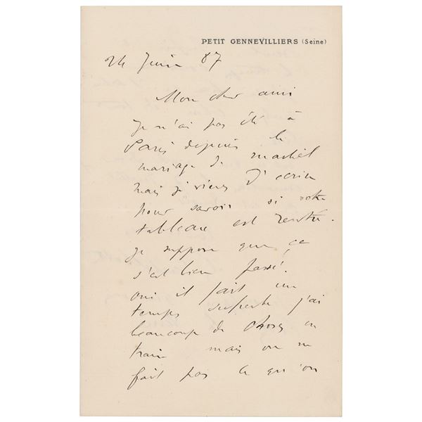 Gustave Caillebotte Autograph Letter Signed