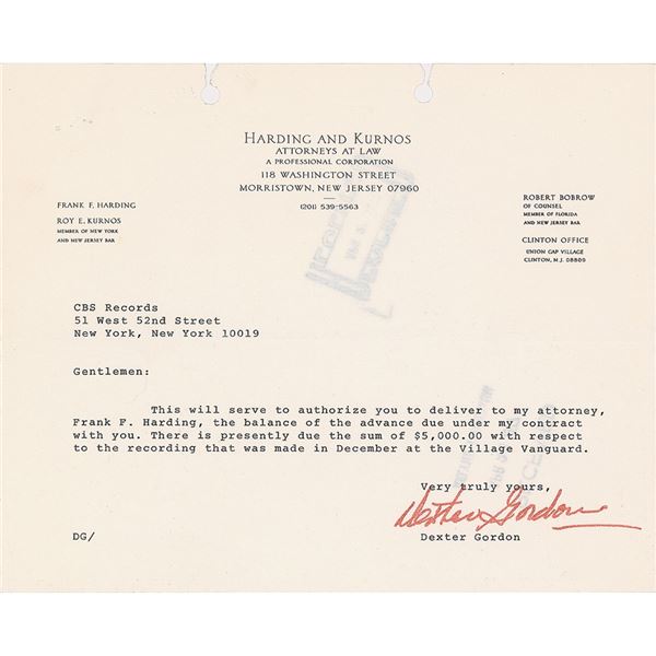 Dexter Gordon Document Signed