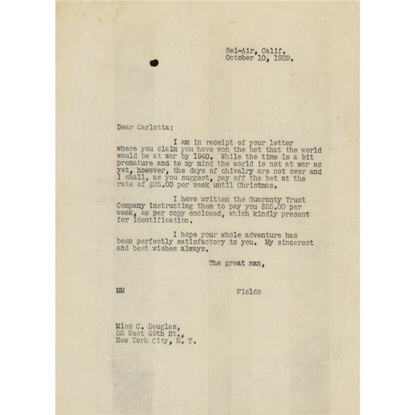 W. C. Fields Typed Letter