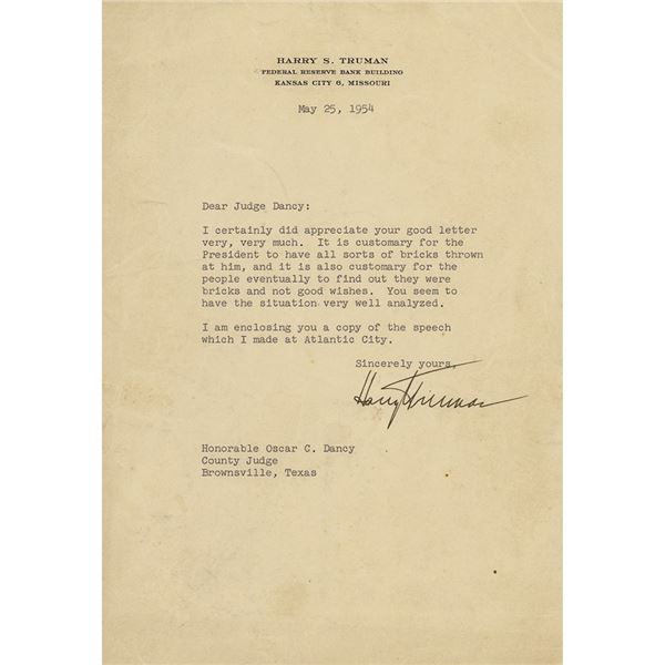 Harry S. Truman Typed Letter Signed