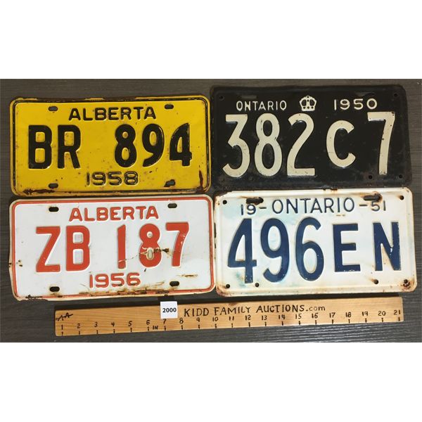 LOT OF 4 - ALBERTA AND ONTARIO LICENSE PLATES - 1950's