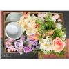 FLAT WITH ARTIFICIAL FLOWER ARRANGMENTS + 2 VASES