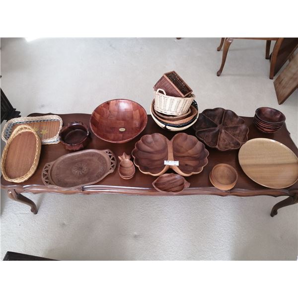 Assorted Wooden Bowls, Plates, and Baskets