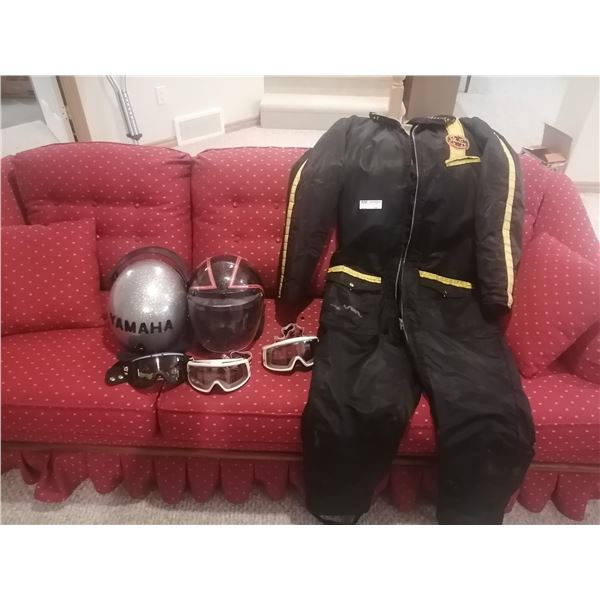 Sport Chief Competition Snowmobile Suit (Size: Tall Medium), 3 x Ski Goggles, and 2 x Helmets