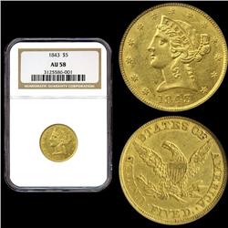 1843 AU58 $5 NGC $5 Gold Liberty