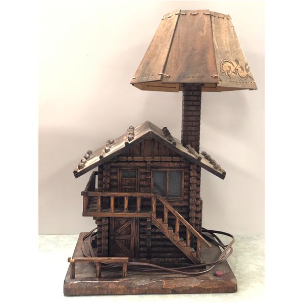 Rustic wooden log cabin lamp - handcrafted