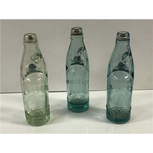 Group of 3 antique glass bottles w/ marble - 2 J. Roberts Castleford & 1 Hindle & Co.BlackPool