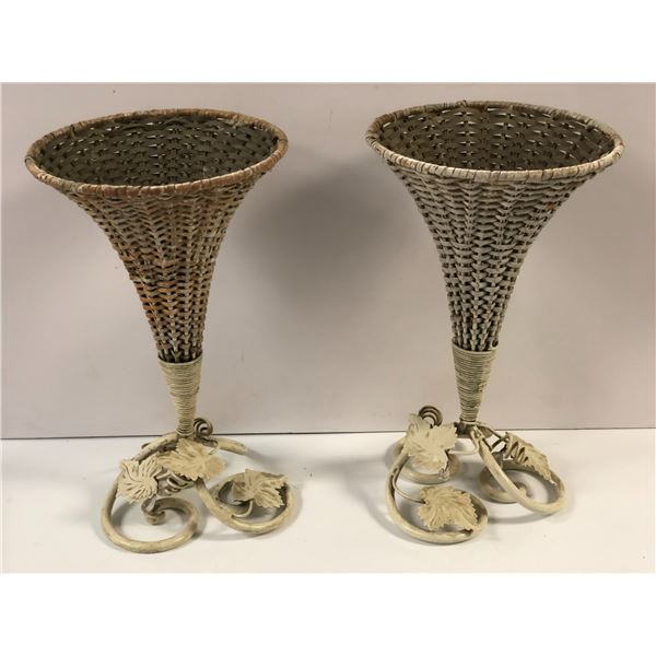 Pair of Victorian 1920s Barbola leaf wicker & metal trumpet vases