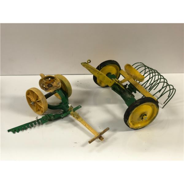 2 handcrafted green & yellow toy tractor attachments - hay rake & grass cutter