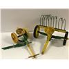 Image 2 : 2 handcrafted green & yellow toy tractor attachments - hay rake & grass cutter