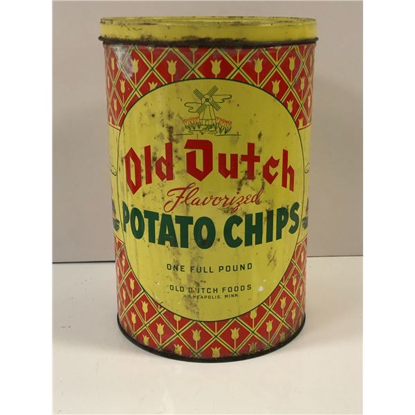 1940s/1950s Old Dutch Flavourized Potato Chips collectors tin - 11 1/2in tall x 7 1/2in diameter