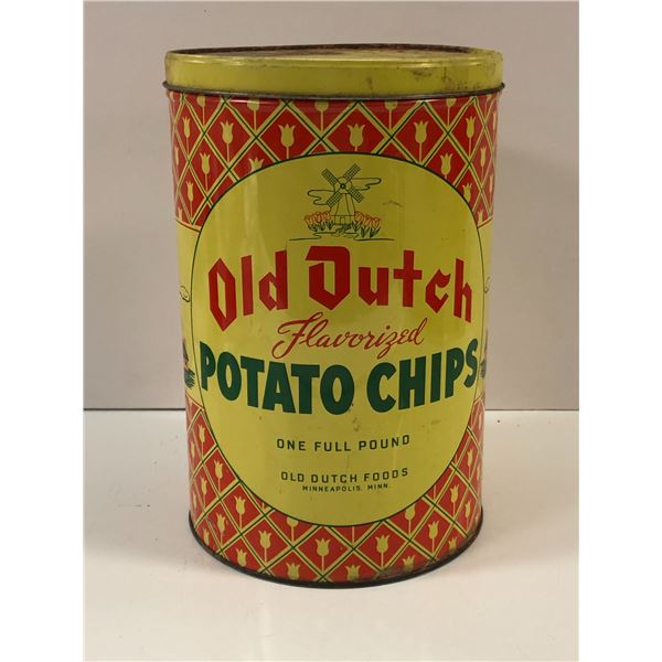 1940s/1950s Old Dutch Flavourized Potato Chips collectors tin - 11 1/2in tall x 7 1/2in diameter