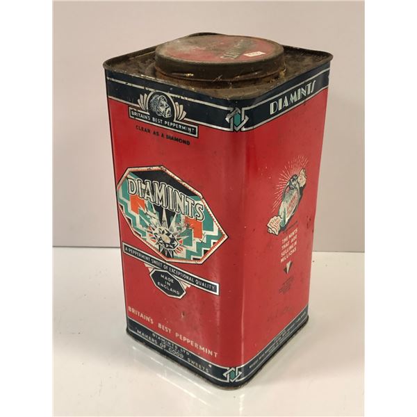 Early 1900s Diamints Britain's Best Peppermint collectors tin - 11 1/2in tall x 6in wide x 6in deep