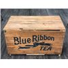 Image 2 : Large Vintage Blue Ribbon Tea Red Label 100 lbs net wooden shipping crate - 32in across x 18in tall 