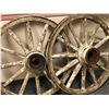 Image 2 : Pair of antique wooden wagon wheels - painted white w/ metal bandings - approx. 3ft diameter