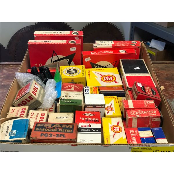 Box full of vintage auto parts - tune-up kit/ starter drive/ oil seal/ distributer caps/ regulators 