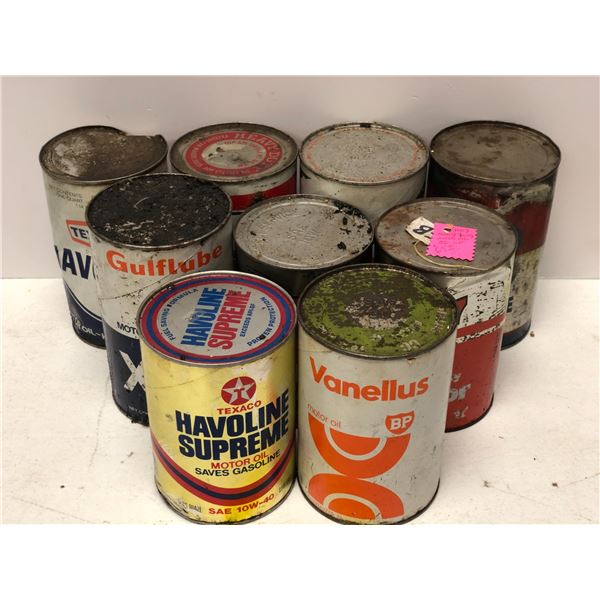 Group of 9 "full" assorted oil company 1 L motor oil cans - Esso/ Texaco/ Gulf etc.