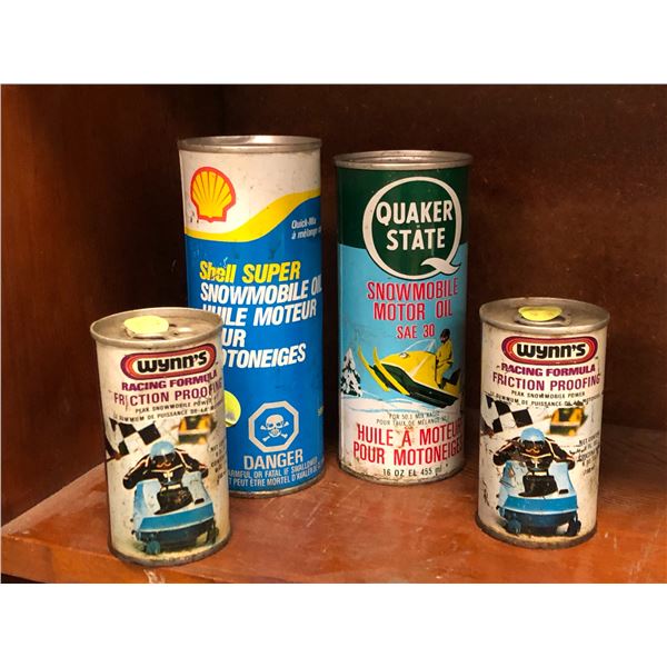 Group of 4 collectors Snowmobile Motor Oil & Treatment cans - Quaker State/ Shell/ Wynn's