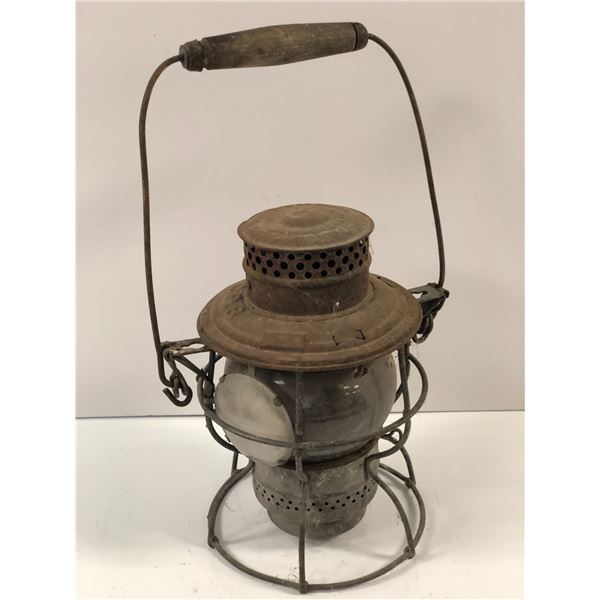 C.P.R. (Canadian Pacific Railway) wooden-handled kerosene lantern w/ reflector