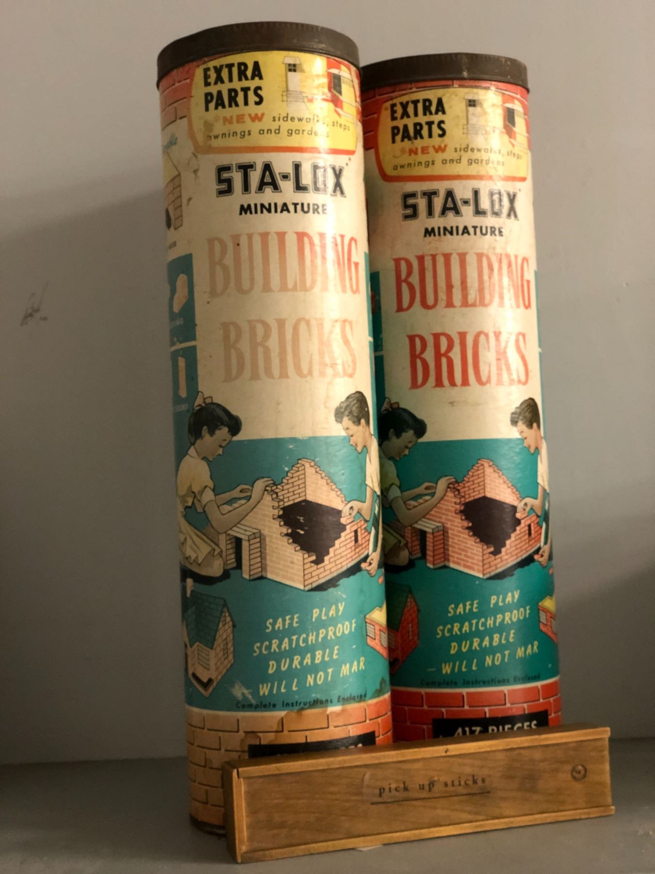 2 vintage Sta-Lox Miniature building bricks & vintage pick up sticks set